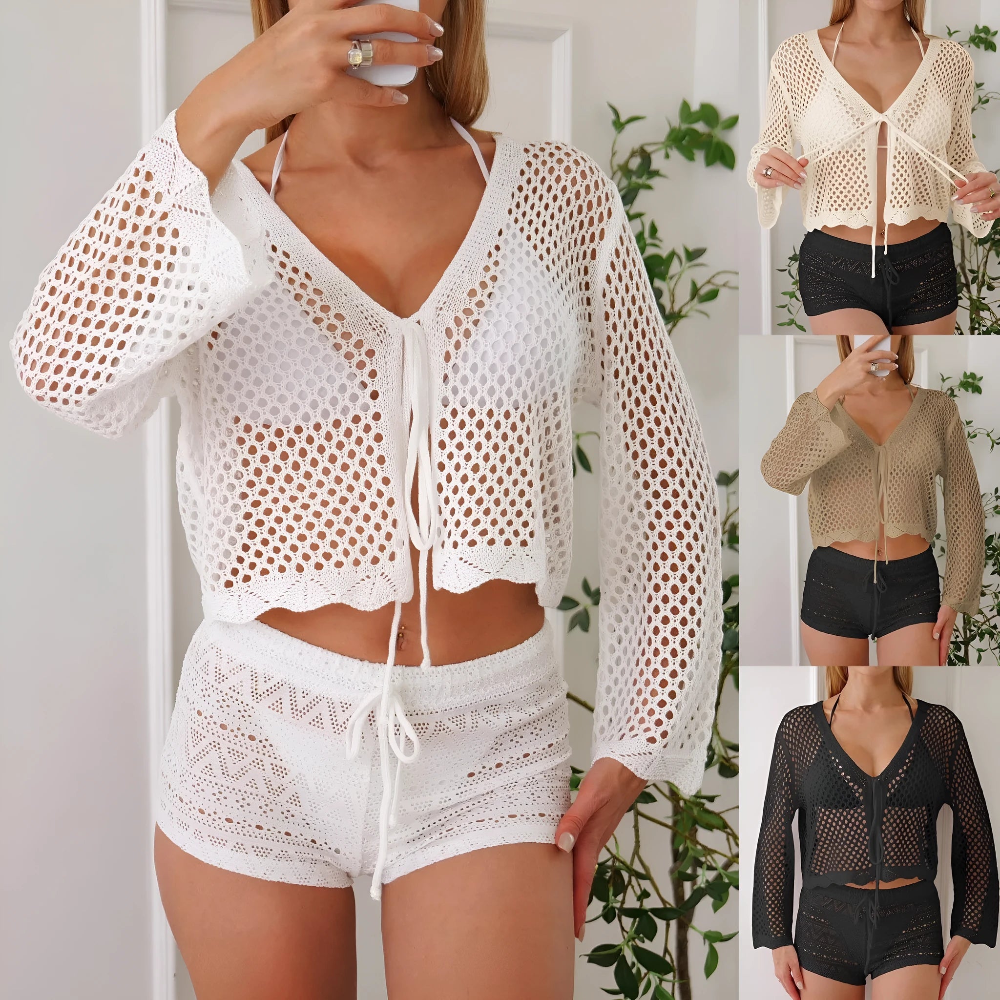 Women's apricot cropped cardigan blouse with flared bell sleeves, laid flat.