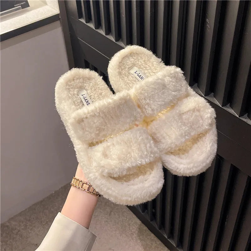 Winter slippers with plush upper, artificial wool lining, rubber sole, round toe, in white black or milk tea colour