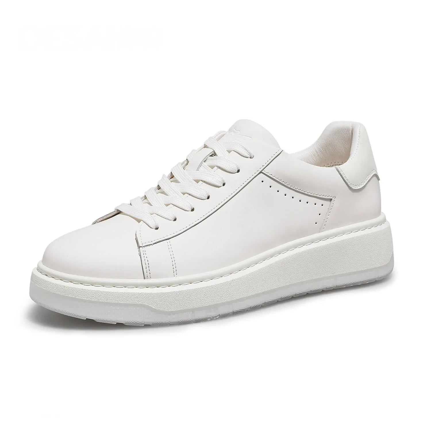 Men's breathable casual sneakers in first layer cow leather, solid white colour, flat heel design, sizes 37 to 45