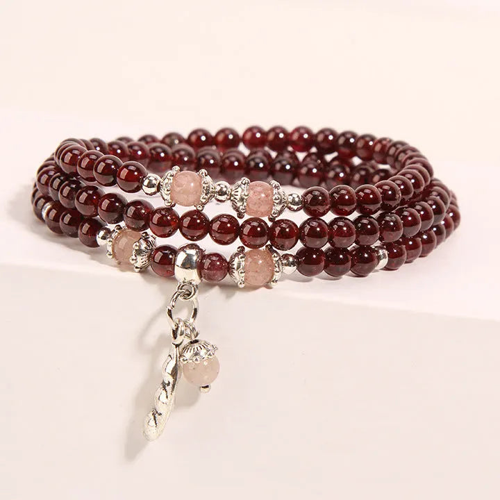Wine red garnet crystal flower bracelet with bohemian ethnic styling for women