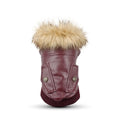 British style leather dog coat with fur collar in black colour