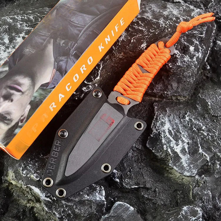 Straight blade camping knife with rope handle and ABS plastic sheath