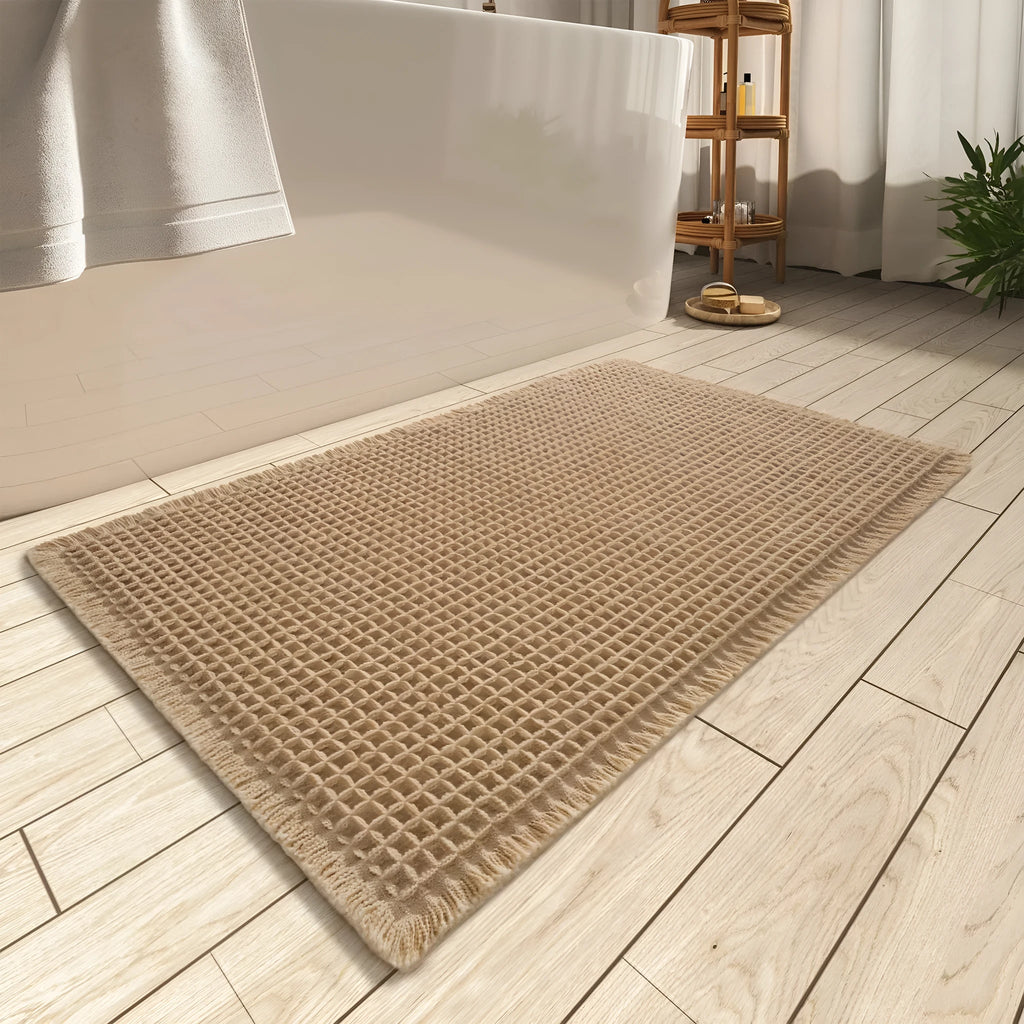 Checkered non-slip bathroom floor carpet in beige, available in multiple sizes from 43x61cm to 61x183cm