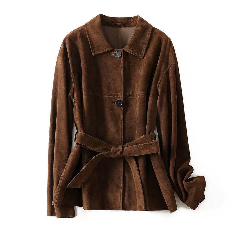 Women's Caramel Mocha cashmere coat with Peter Pan collar and leather stitching in a loose retro fit.