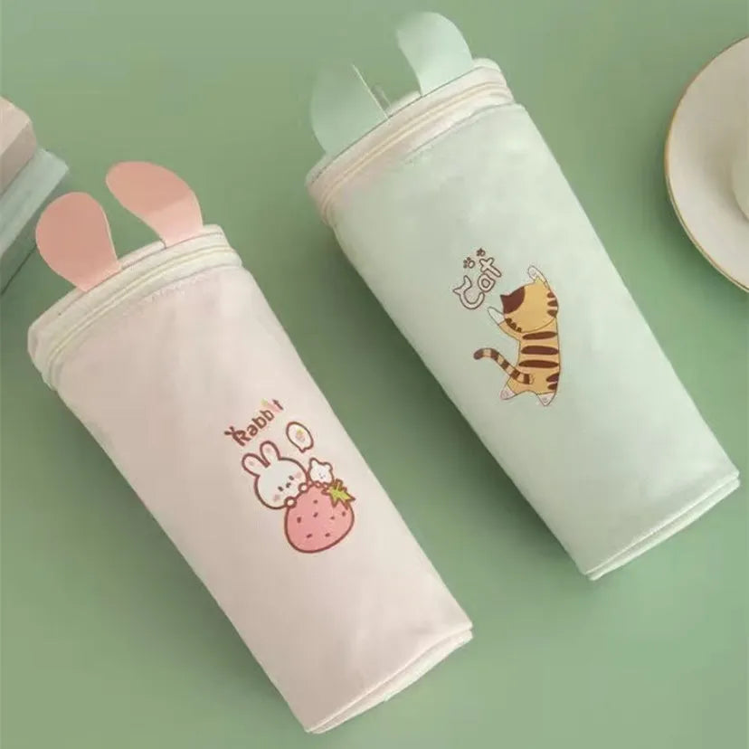 Canvas pencil bag with round Korean-style cartoon pattern, 193 x 72 mm, for junior high school pupils