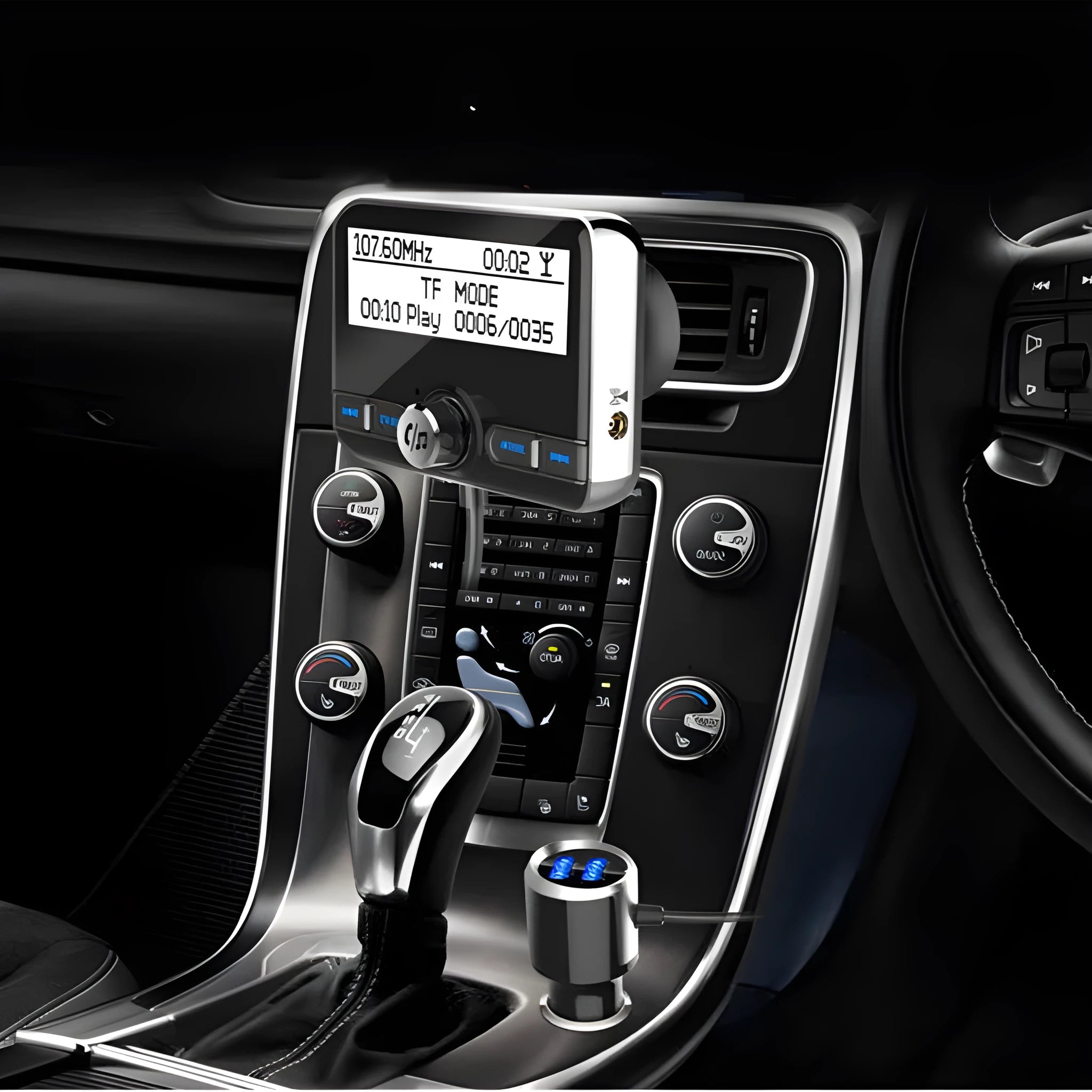 2.4 inch car DAB digital radio adapter with Bluetooth and QC3.0 in black, featuring LCD display and power cord