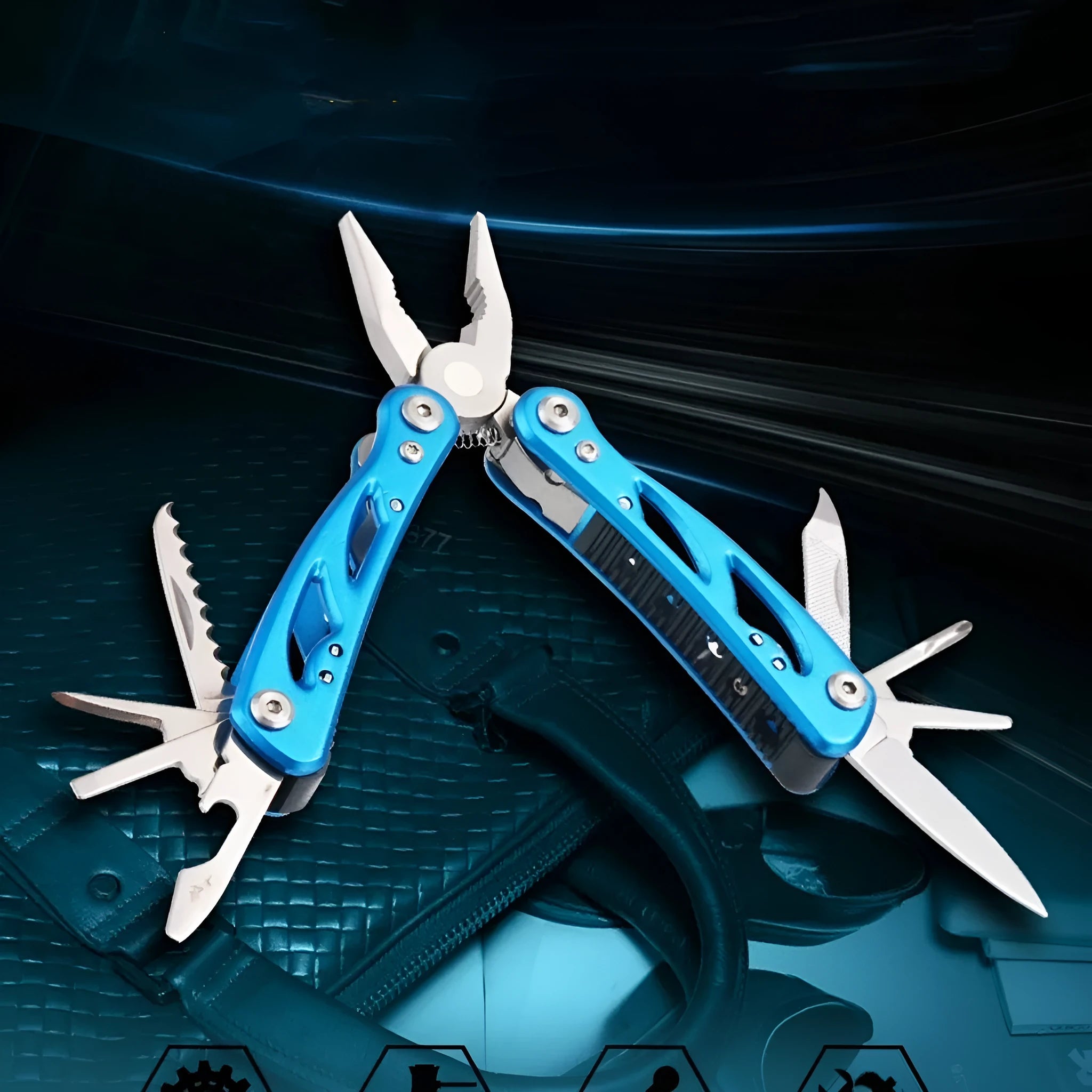 Blue stainless steel folding multi-function pliers with fruit knife tool showing open and closed positions