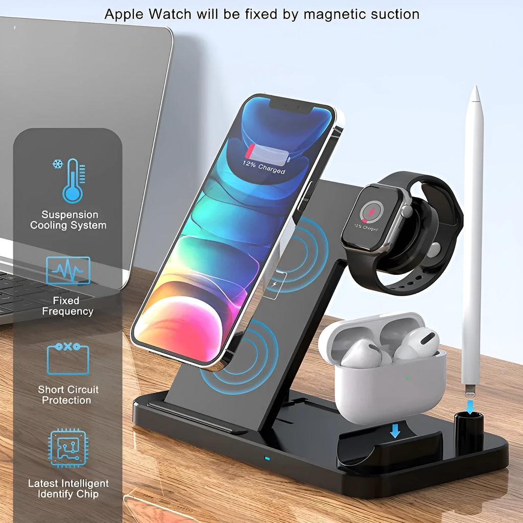 Black four-in-one wireless charging station with QC3.0 fast charging head for multiple mobile phones