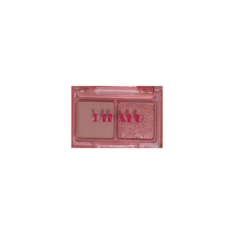 DIKALU two-tone eyeshadow palette showing five colour options: Taro Dumplings, Evening Coffee, Oat Milk Coffee, Dark Night Gothic, and Misty Forest