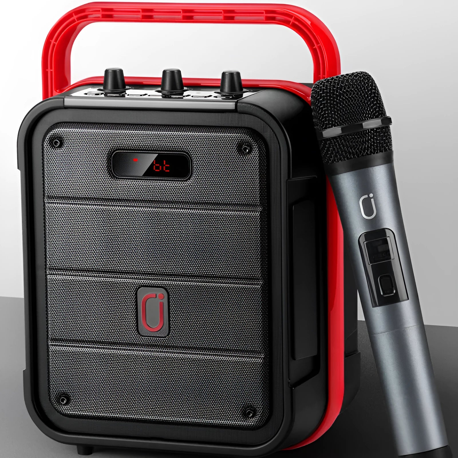 MS62AI portable Bluetooth speaker with wireless microphone, measuring 241x145x329mm.