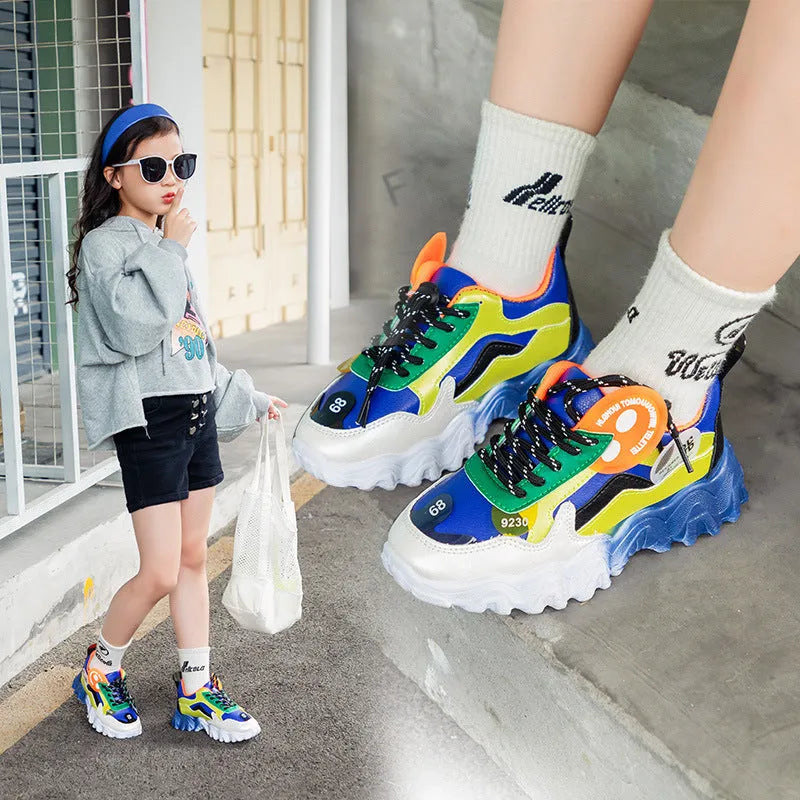 Children's colourblock sneakers in blue and orange with PU upper and wave bottom sole, sizes 26-37