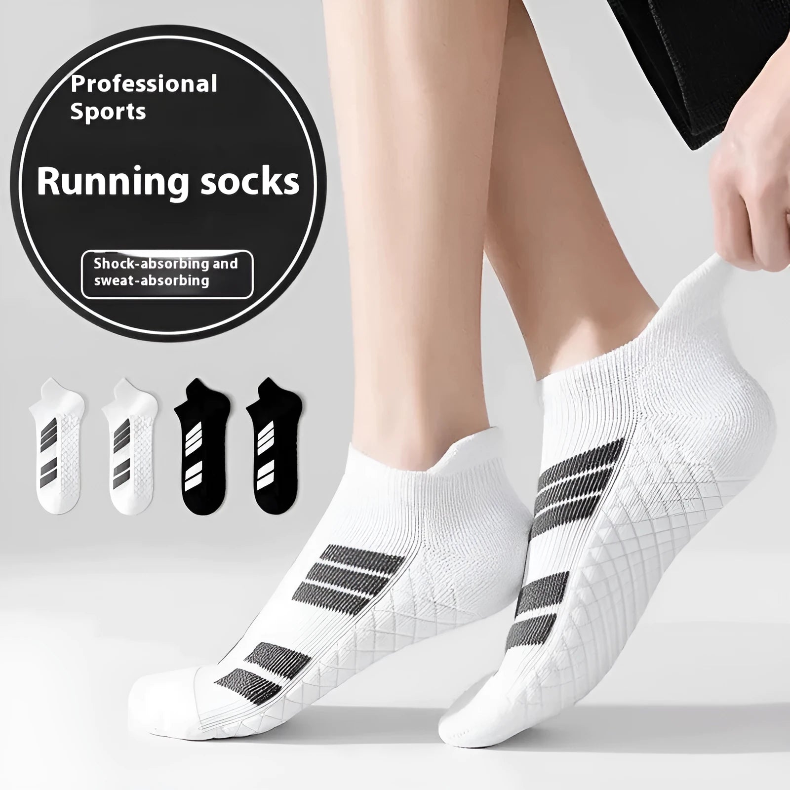 Men's outdoor running basketball socks with towel massage footbed, available in black short and white long lengths, polyester cotton blend