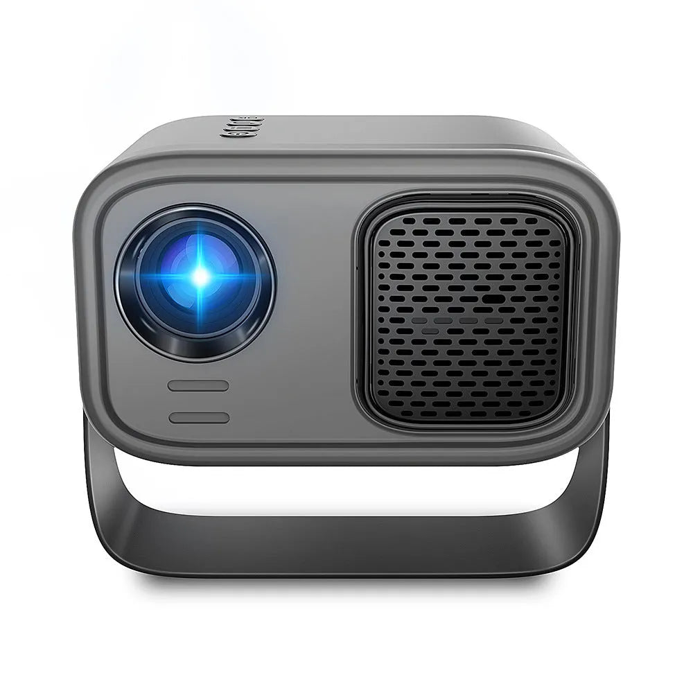 Black portable HD projector with remote control and cables for home office use