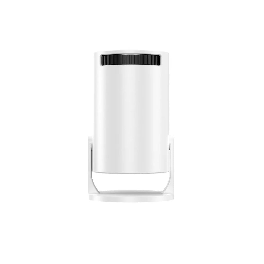 White mini portable wireless projector displaying 1080p HD image for home entertainment use