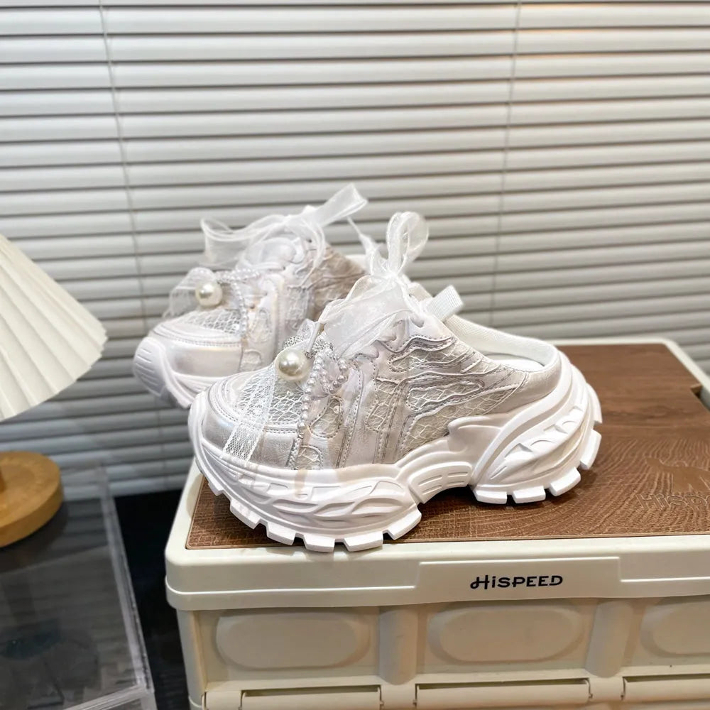 Pearl lace bow daddy shoes in purple or white with first layer cowhide upper and 5-8cm muffin heel