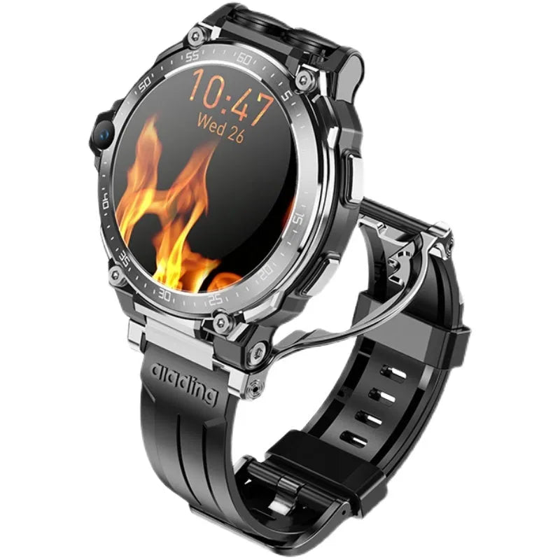Black smart watch with round 1.6 inch screen and silicone strap, showing heart rate and blood pressure monitoring functions.