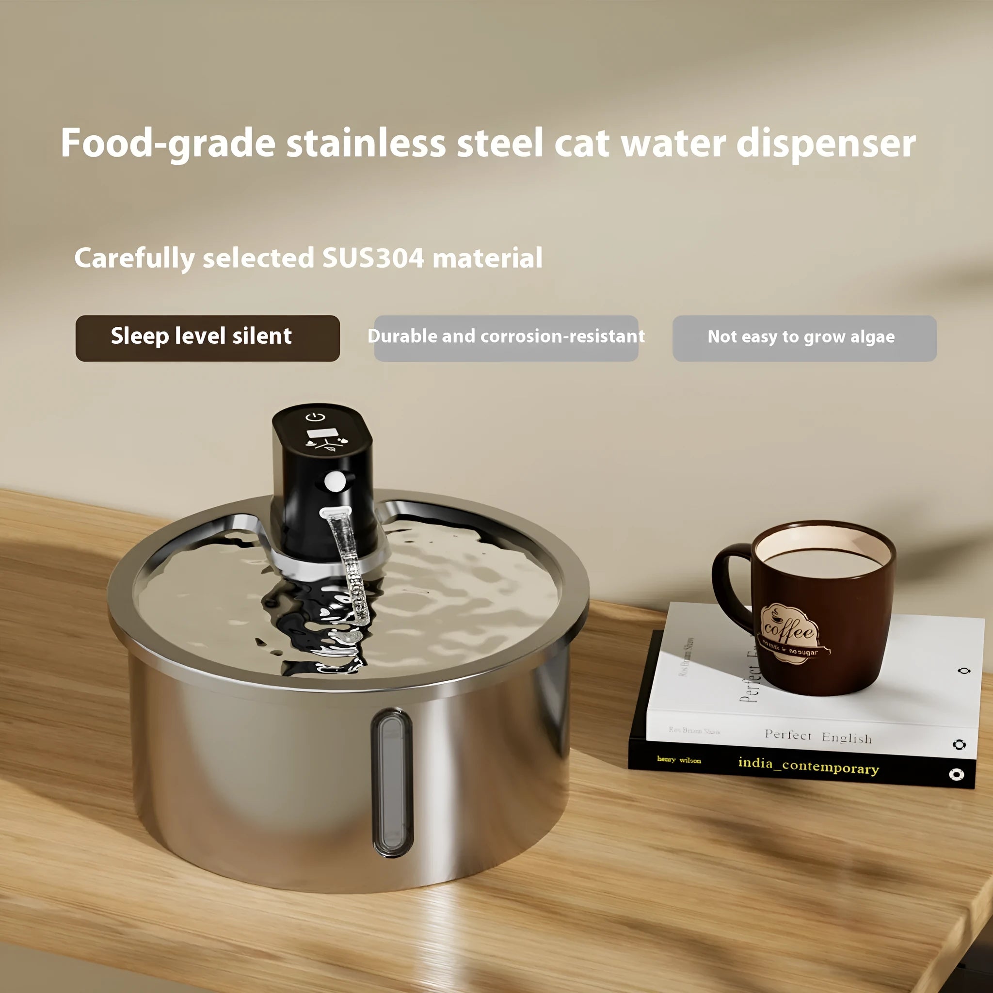 White stainless steel heated pet water fountain on a table with charging cable.
