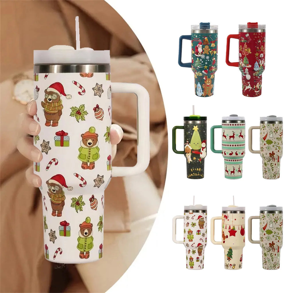 Red Christmas pattern stainless steel travel tumbler with handle and straw