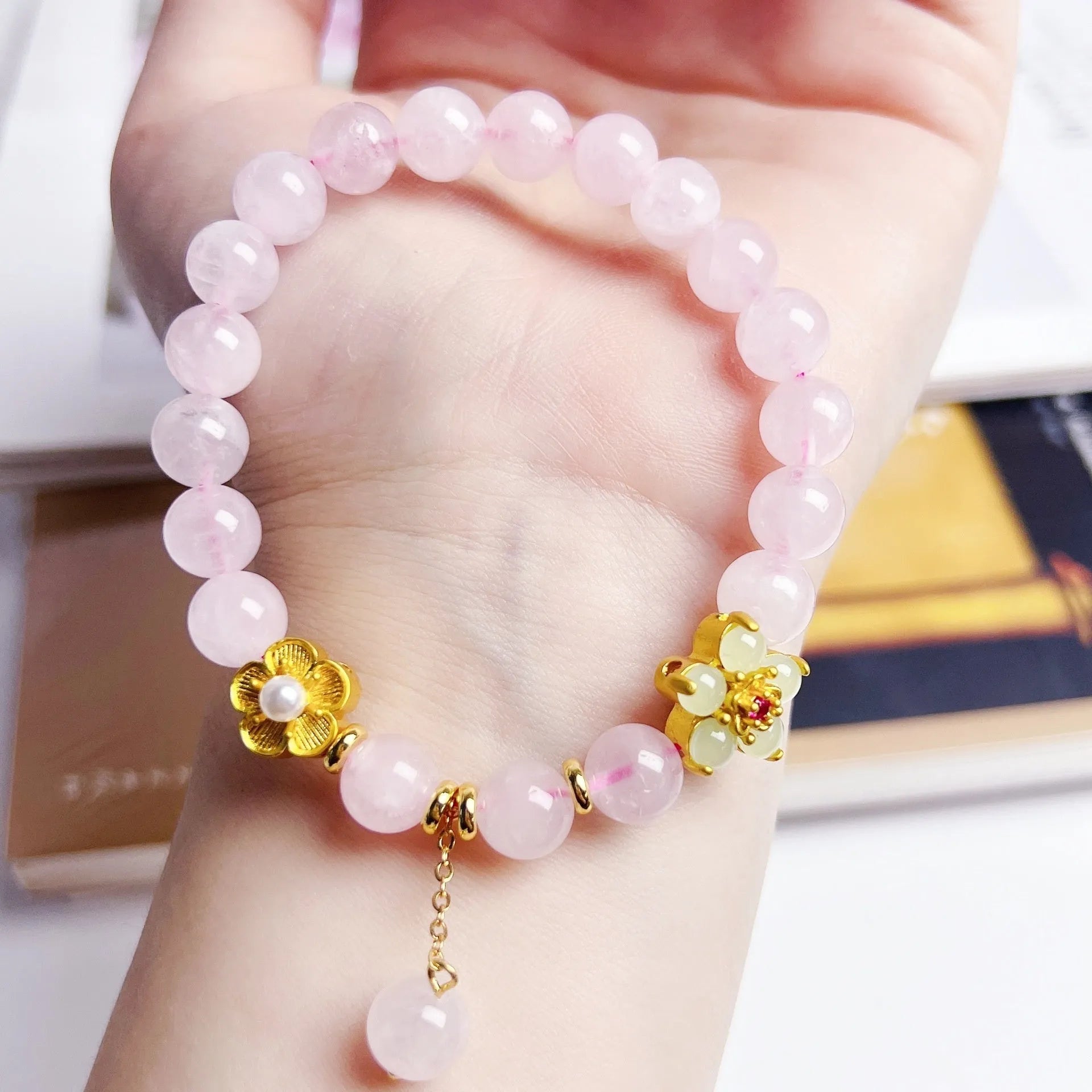 Pink crystal bracelet with peach blossom charm, handmade women's jewellery