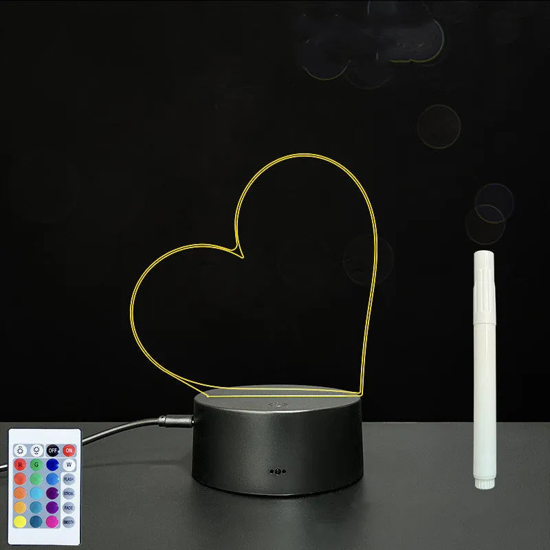3D acrylic LED message board with black ABS base, USB cable and stylus, showing handwritten text on the light guide plate