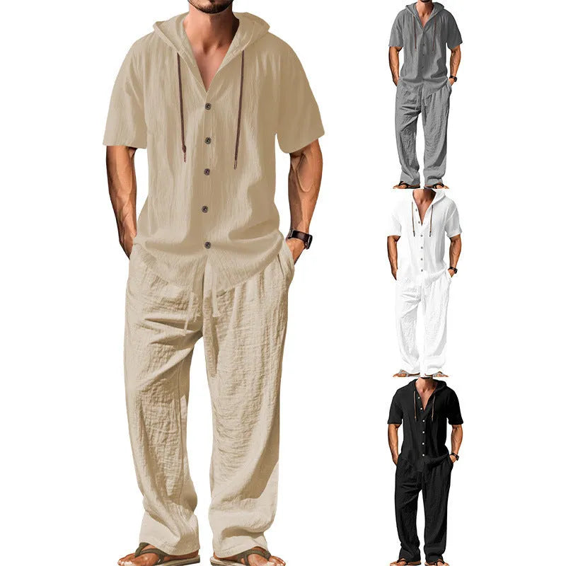 Men's two-piece cotton sportswear leisure suit in a classic colour on a hanger