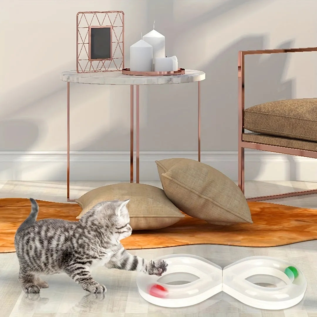 Blue and white cat toy set with turntable track, teasing stick, and four balls.