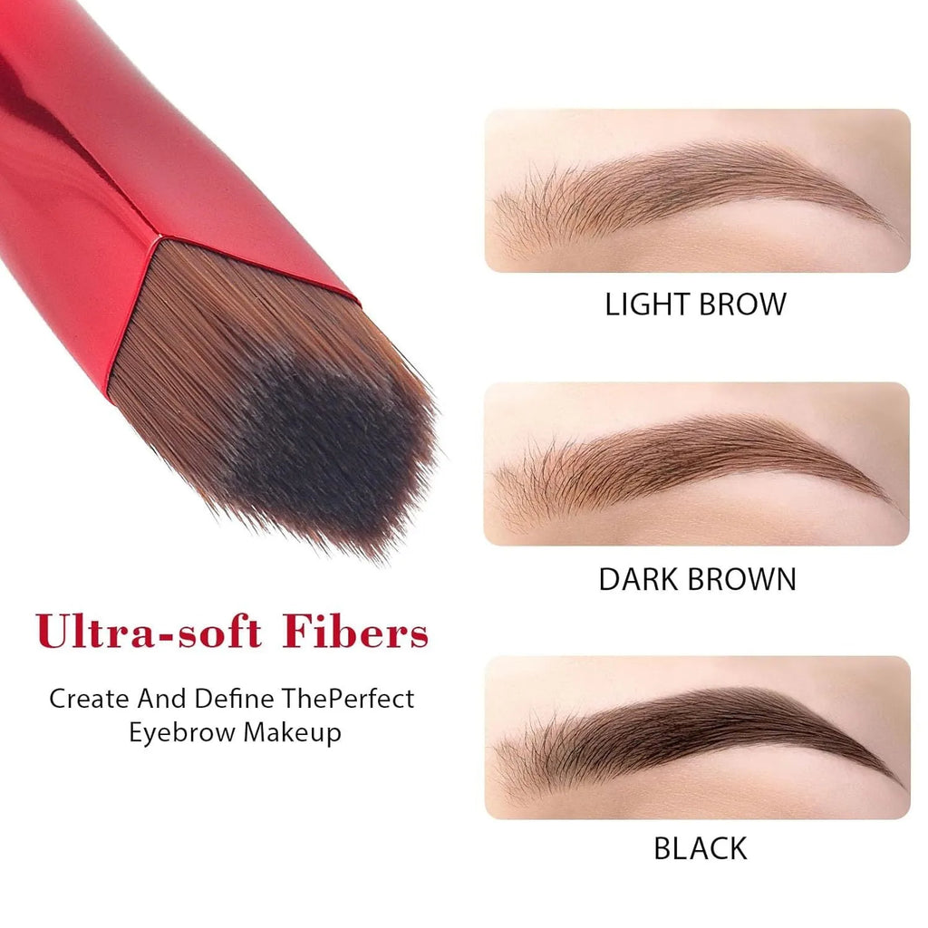 Black angled square eyebrow stamp brush with synthetic bristles on a wooden table