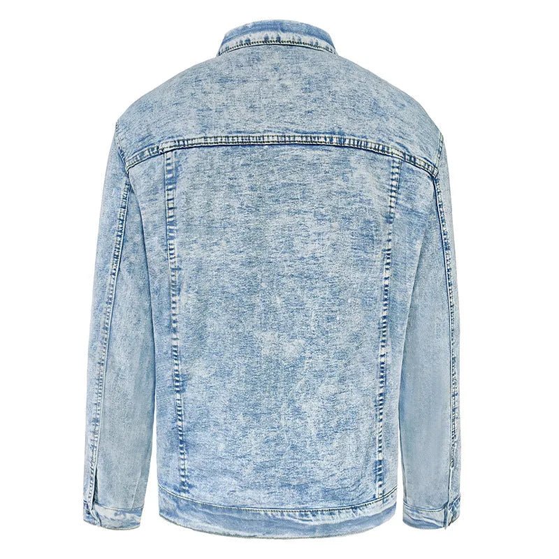 Solid blue slim fit denim shirt jacket for men with polo collar and chest pocket