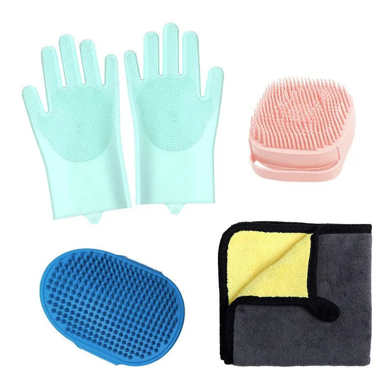 Silicone dog bathing gloves set in blue, pink or yellow, 3-piece to 9-piece options