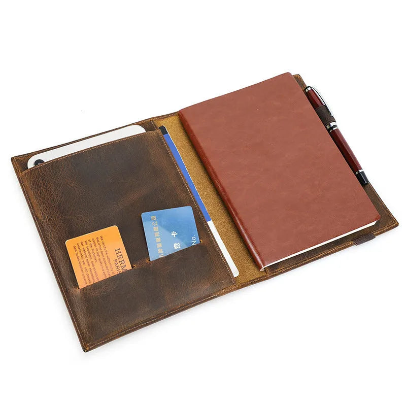 Brown Crazy Horse leather A5 notebook protective sleeve for 14.8x21cm paper notebooks