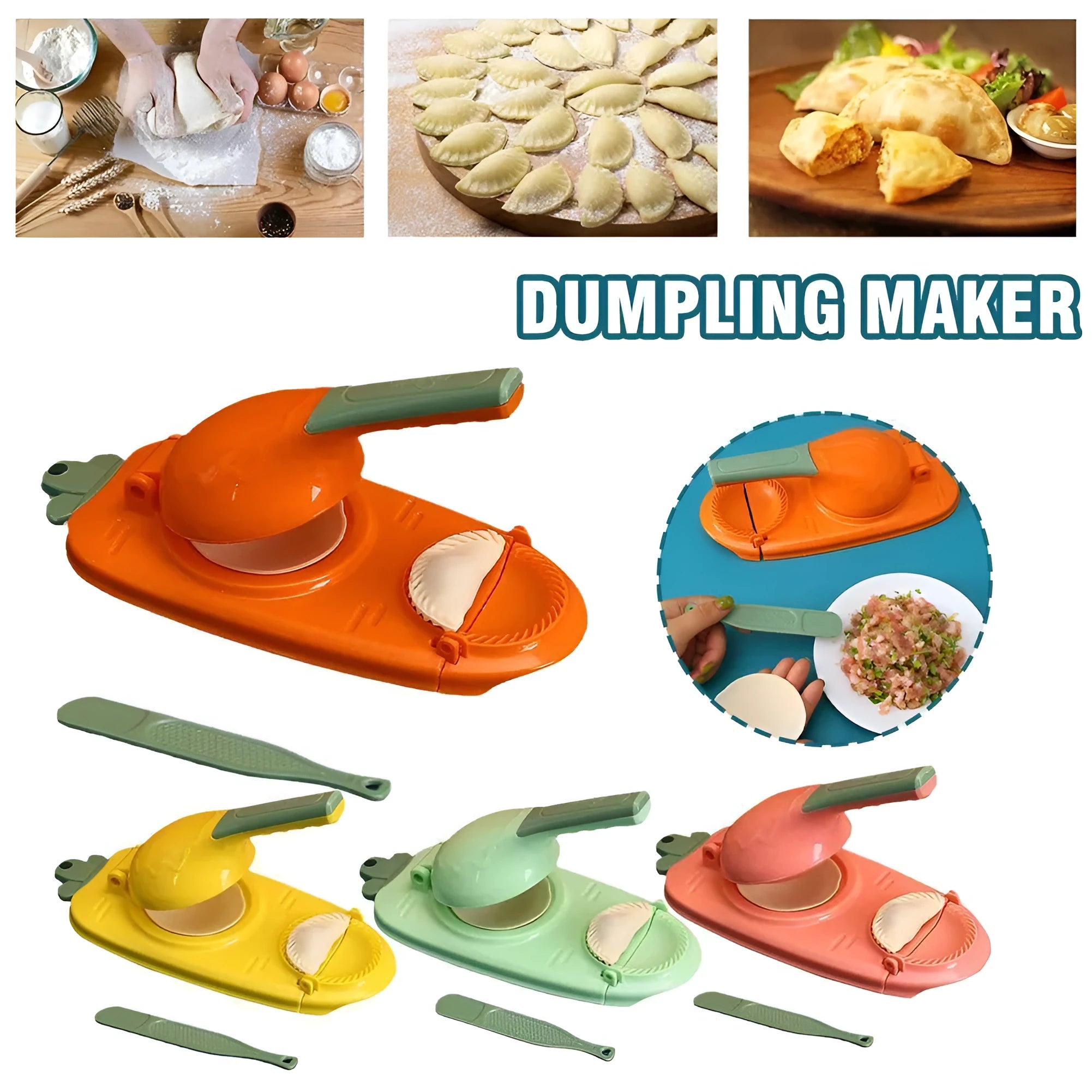 Orange and white manual kitchen dumpling press tool with ergonomic handle on wooden table