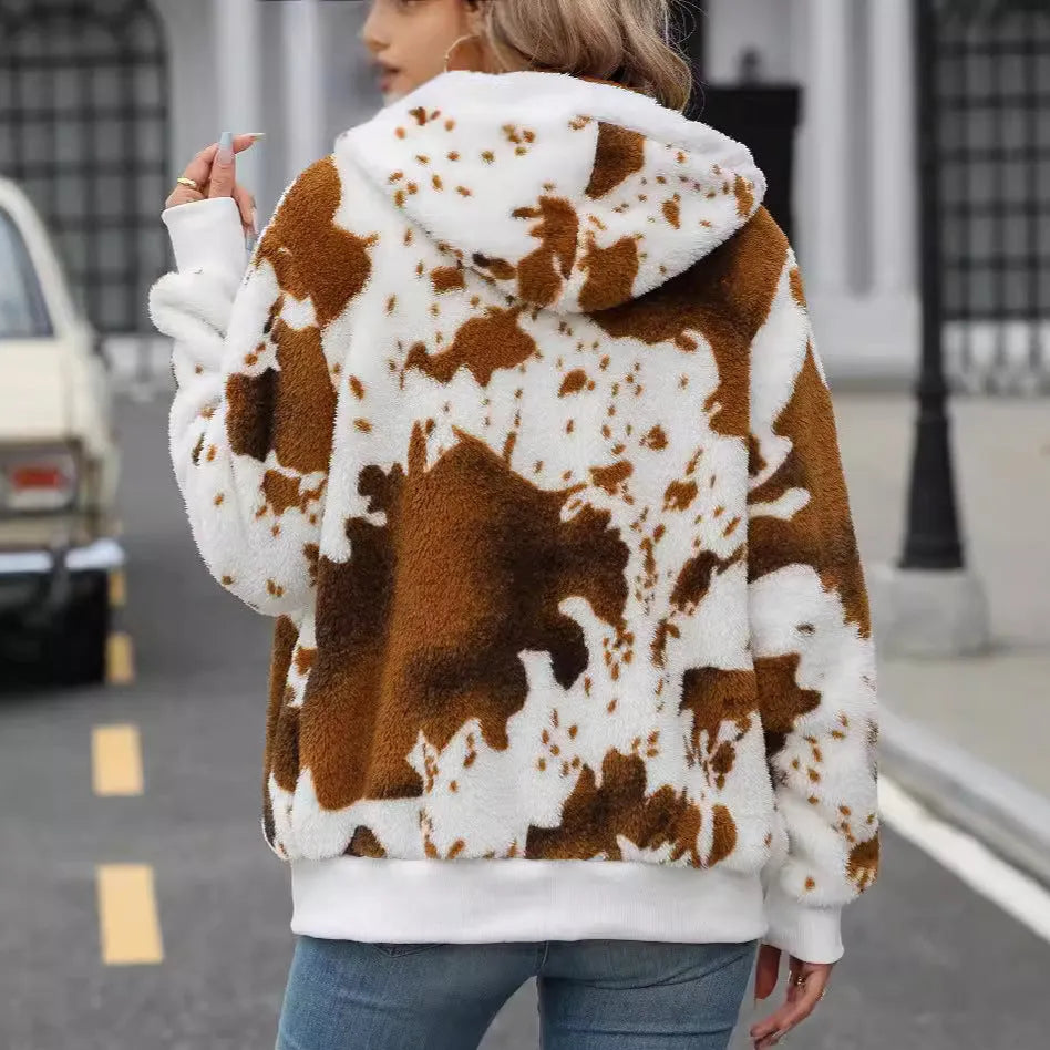 Yellow brown cow animal print hooded cardigan jacket with zipper closure and threads detail