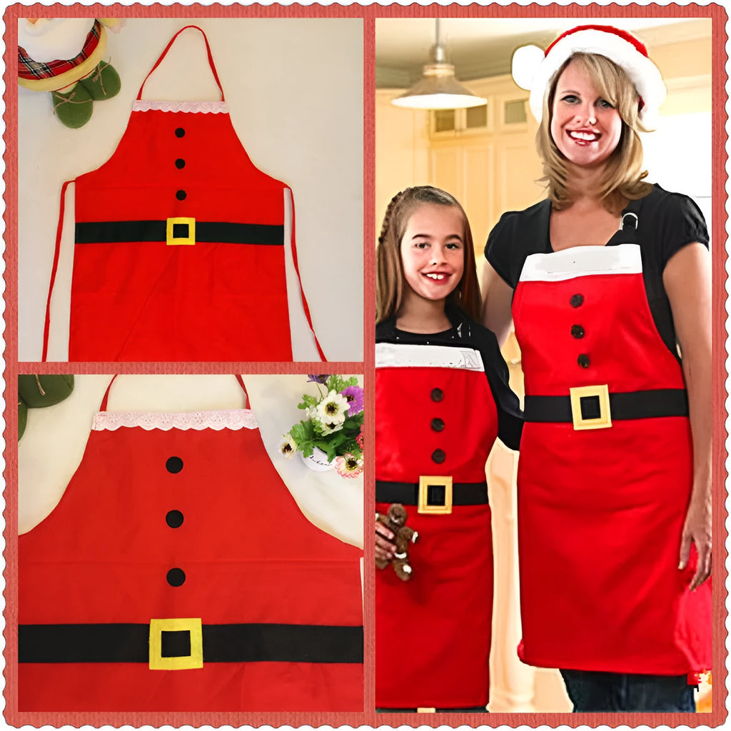 Red Christmas-themed kitchen apron shown in adult and children's sizes