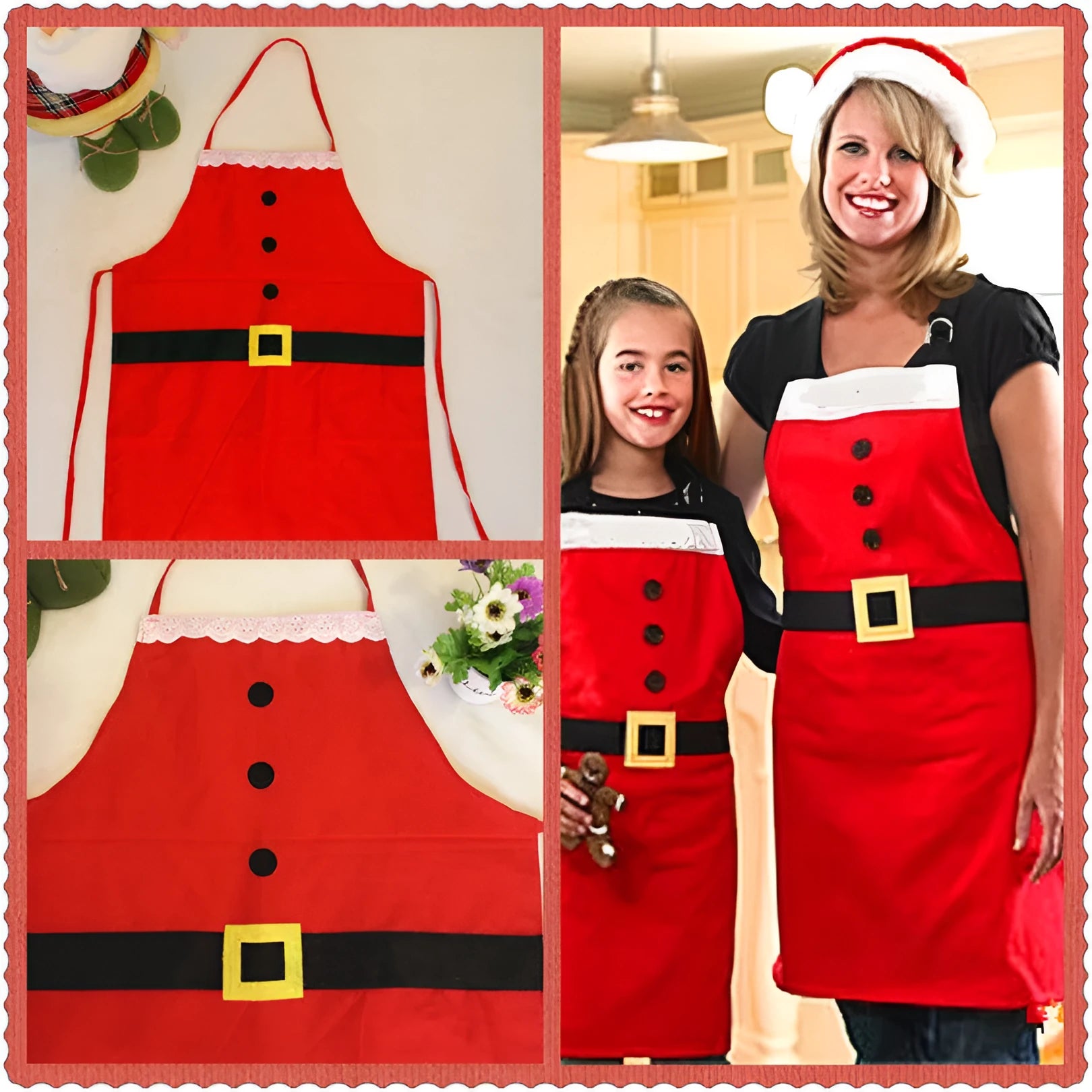 Red Christmas-themed kitchen apron shown in adult and children's sizes