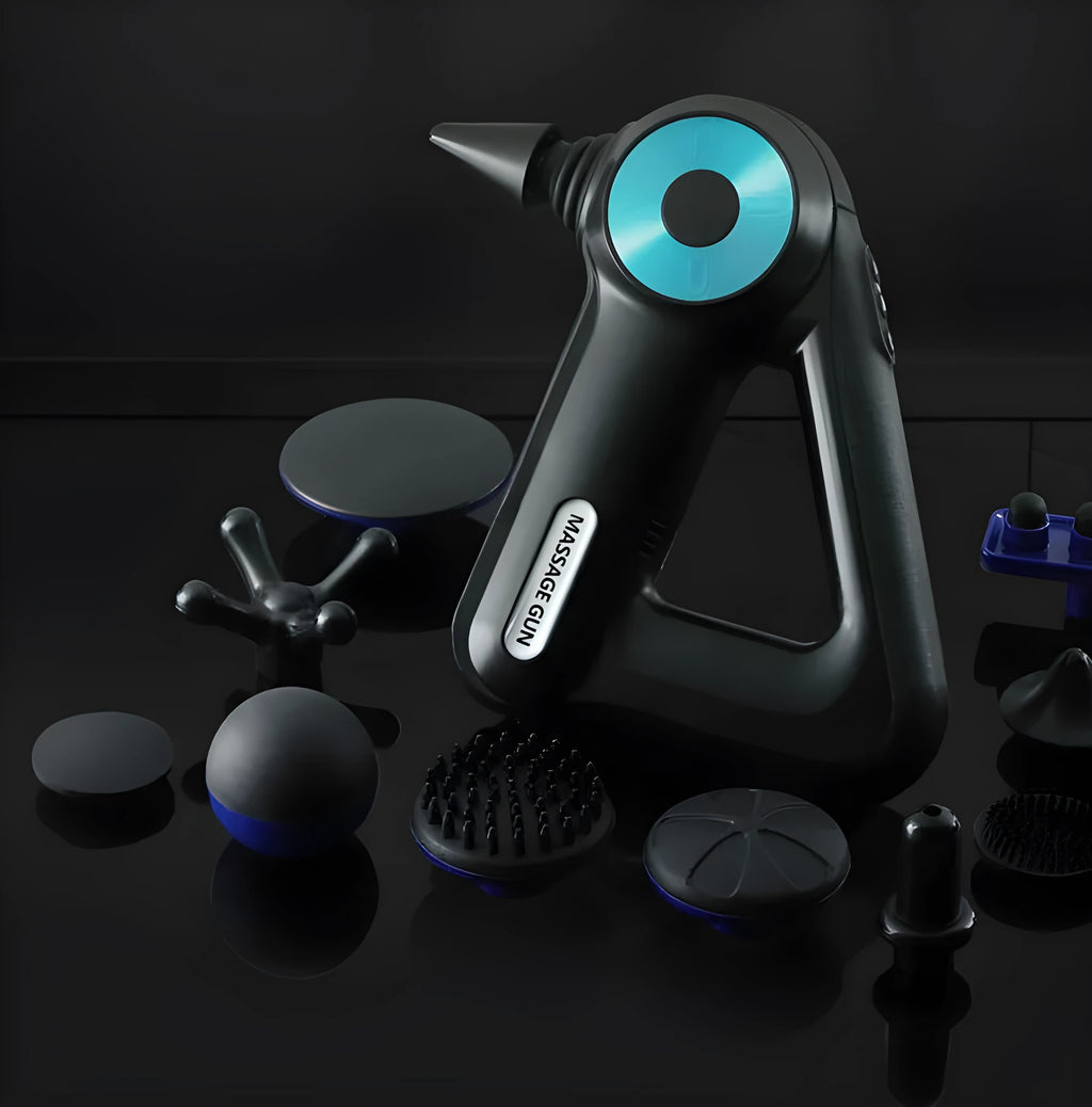 Blueidea fascia gun with 12 massage heads and adapter in blue colour