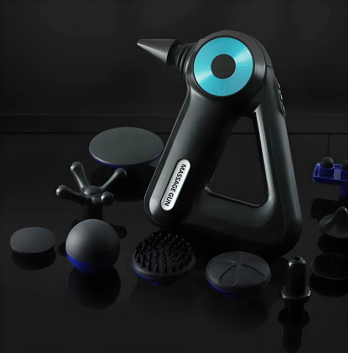 Blueidea fascia gun with 12 massage heads and adapter in blue colour