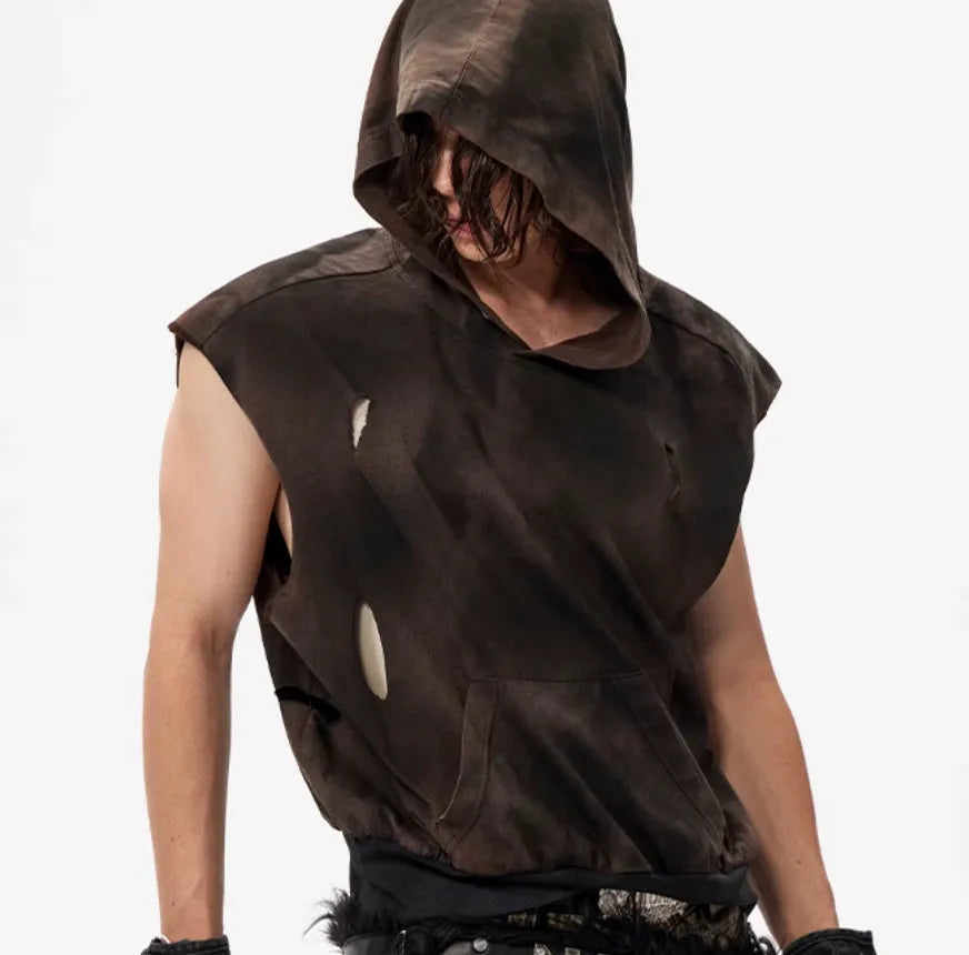 Khaki coloured cotton short-sleeve hood vest on a hanger