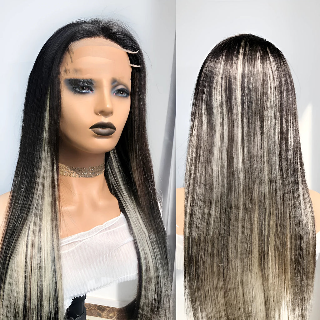 Human hair lace wig in straight or body wave, 10-18 inch, dyeable and ironable, with slanted bangs option.