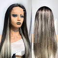Human hair lace wig in straight or body wave, 10-18 inch, dyeable and ironable, with slanted bangs option.