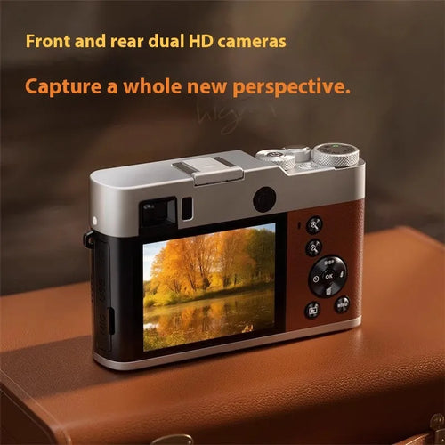 Black or brown 5K HD digital camera with dual lenses and an optical viewfinder on top.
