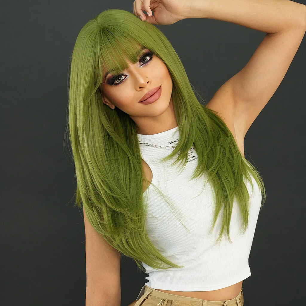 Vanilla green long straight synthetic women's wig measuring 63cm with bangs
