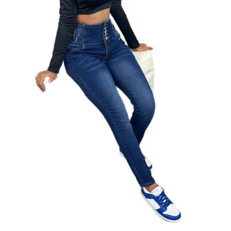Dark blue women's straight-leg jeans with button accents and zipper closure