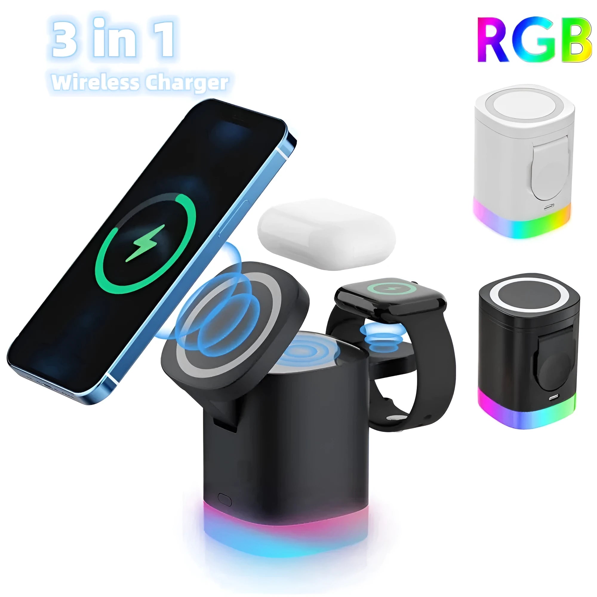 Black foldable 3 in 1 magnetic wireless charging station for phones, iWatch and AirPods with RGB indicator lights