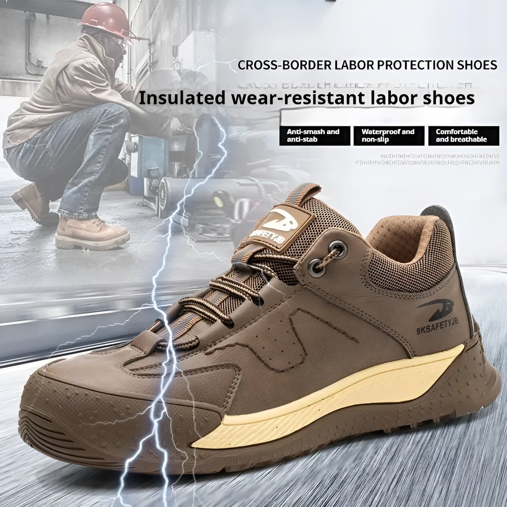 Leather safety work shoes with Flyknit construction and rubber sole in black colour
