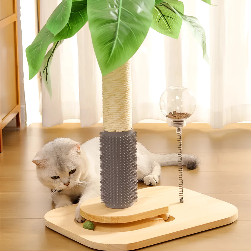 Tall wooden cat scratching post wrapped in natural-coloured sisal rope.