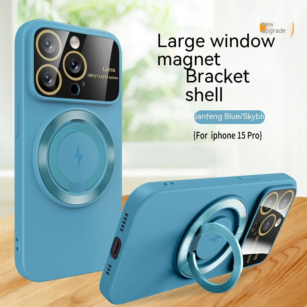 Large window magnetic bracket rotatable ring TPU phone case for iPhone 15 14 13 12 series in graphite black