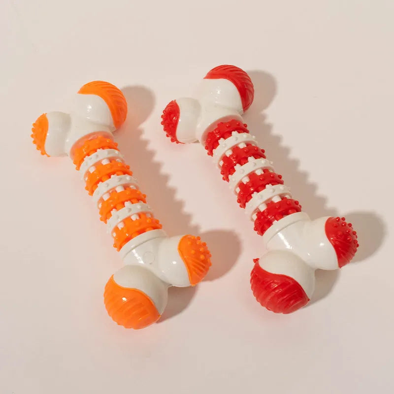 Blue bone-shaped interactive dog toy for small breeds with chewable ends and treat compartment
