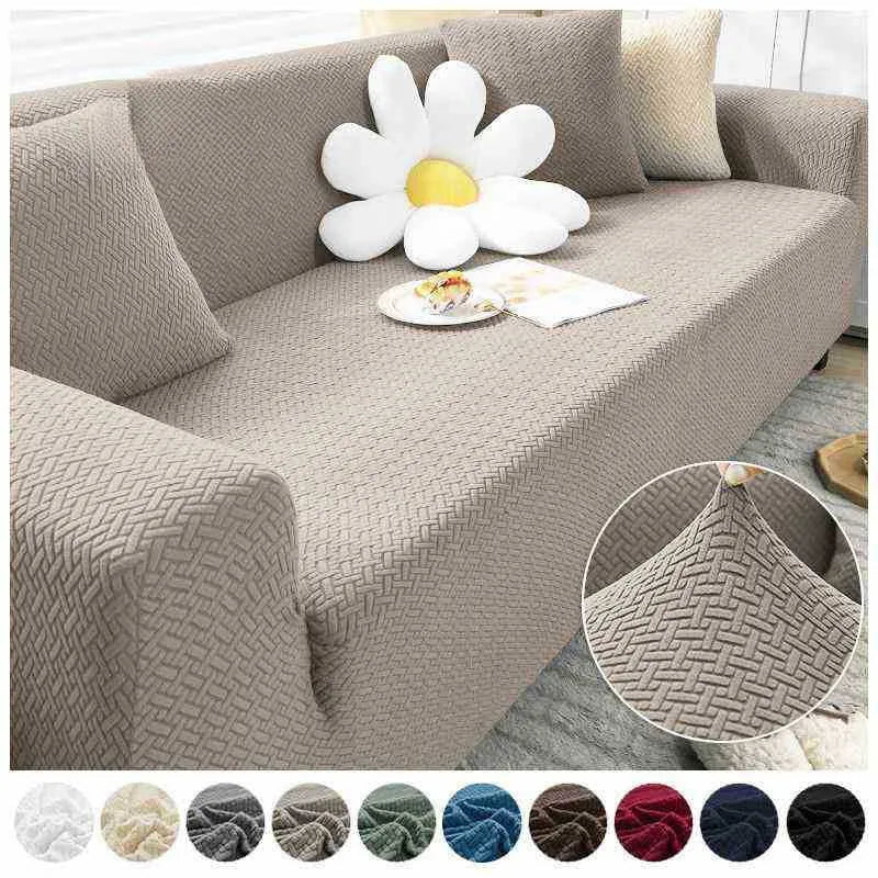 Thick elastic Ice Silk sofa cover with geometric pattern on a sofa in a living room