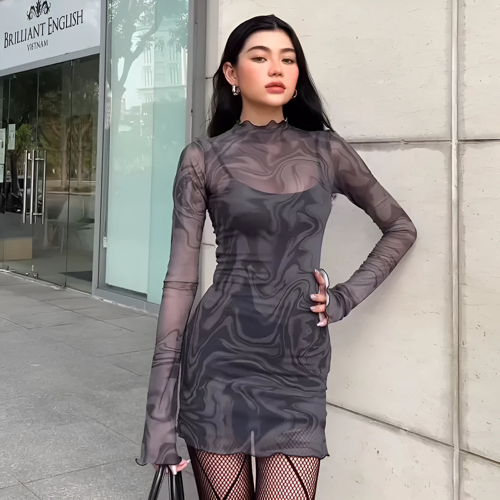 Black mesh halter print bodycon dress two-piece set with sheer long sleeve pullover top and short skirt