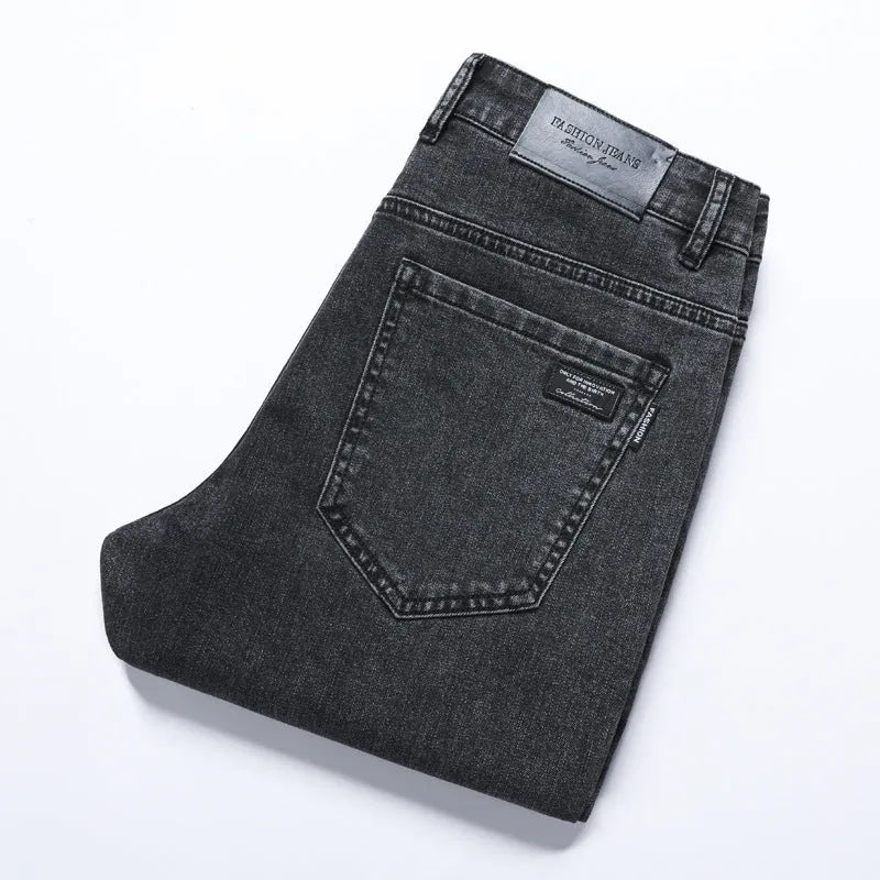 Men's stretch slim straight jeans cotton non-iron zipper fly two colours straight-leg style